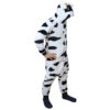 Cow onesie in black and white cowprint colour with cow face on hood and cow tail
