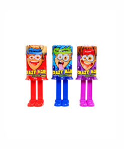 Crazy hair squeeze candy in assorted flavours of strawberry ,blue raspberry, and grape coming in container of 36g