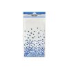 white table cover with blue polka dots