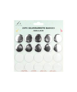 Silver & White Badges 3.8cm 20pk