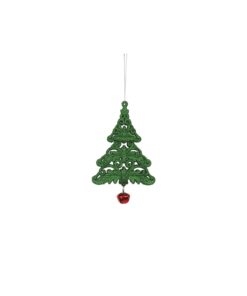 Green Glitter Tree With Red Bell Ornament 8.5 x 12cm