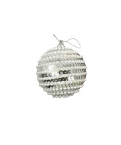 Silver Sequin Christmas Ball With White Beads 8cm