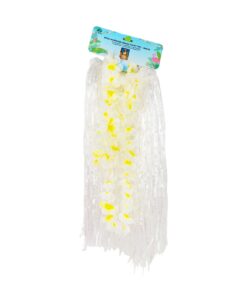 White Flowered Hawaiian Grass Skirt Set 5pc