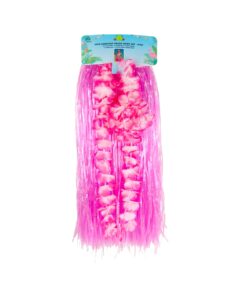 Pink Flowered Hawaiian Grass Skirt Set 5pc