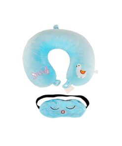 Blue Alpaca U Shaped Neck Pillow with Eye Mask