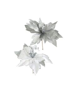 Artificial Poinsettia Flower Silver / White With Clip 38cm