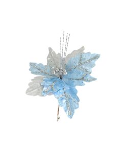 Artificial Poinsettia Flower Silver / Blue With Clip 32cm