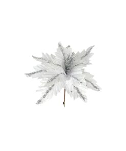 Artificial Poinsettia Flower White & Silver With Clip 32cm