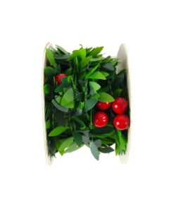 Artificial Double-Faced Green Leaf Ribbon With Red Berries