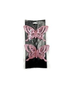 Glitter Butterfly With Pink Clip 2pc 14x9cm