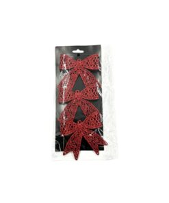 Glitter Bow With Red Clip 3pc 10x10cm